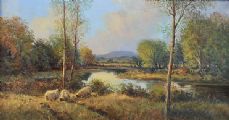 SHEEP GRAZING BY THE RIVER by William Cunningham at Ross's Online Art Auctions