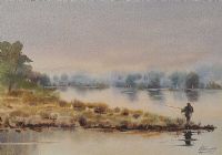 FISHING AT THE LAKE by J. Johnson at Ross's Online Art Auctions