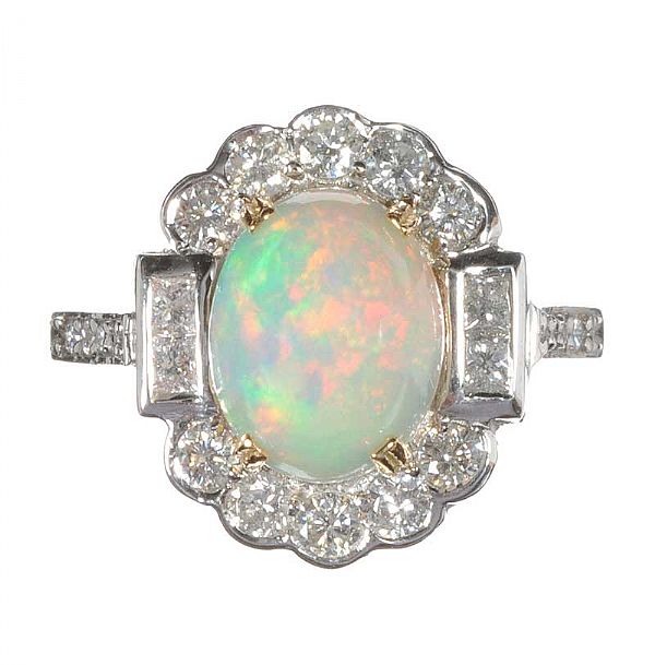 18CT WHITE GOLD OPAL AND DIAMOND CLUSTER RING IN THE STYLE OF ART DECO