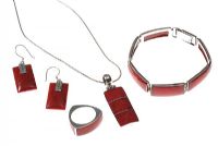 POLISHED STERLING SILVER AND RED CORAL SUITE INCLUDING NECKLACE, EARRINGS, BRACELET AND RING at Ross's Online Art Auctions