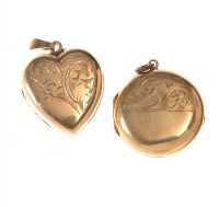 PAIR OF 9CT GOLD ENGRAVED LOCKETS, ONE HEART SHAPED, ONE ROUND at Ross's Online Art Auctions