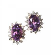 9CT GOLD AMETHYST AND DIAMOND CLUSTER EARRINGS at Ross's Online Art Auctions