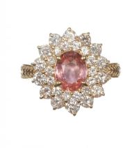 14CT GOLD PADPARADSCHA AND DIAMOND CLUSTER RING at Ross's Online Art Auctions