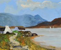 COTTAGES BY THE LOUGH by Robert Dunleavey at Ross's Online Art Auctions