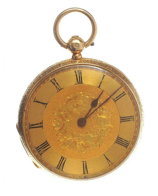 18CT GOLD ENGRAVED GENT'S OPEN-FACED POCKET WATCH AND KEY