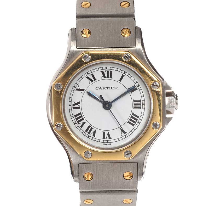 CARTIER 'SANTOS OCTAGON' STAINLESS STEEL AND 18CT GOLD LADY'S WRIST WATCH
