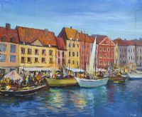 FISHING BOATS BY THE MARKET by Sergei at Ross's Online Art Auctions