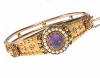 VICTORIAN 15CT GOLD BANGLE SET WITH AMETHYST AND SEED PEARL at Ross's Online Art Auctions