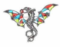 STERLING SILVER DRAGON BROOCH ENAMEL BROOCH SET WITH GARNETS AND MARCASITE at Ross's Online Art Auctions