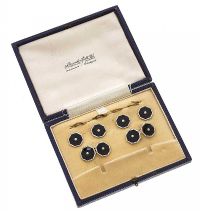 9CT GOLD AND PLATINUM CUFFLINK AND STUD SET, WITH ONYX AND SEED PEARL at Ross's Online Art Auctions