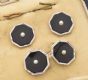 9CT GOLD AND PLATINUM CUFFLINK AND STUD SET, WITH ONYX AND SEED PEARL at Ross's Online Art Auctions