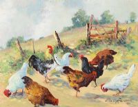 CHICKENS FEEDING by William Cunningham at Ross's Online Art Auctions