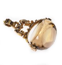 9CT GOLD SWIVEL FOB SET WITH A LARGE SMOKY QUARTZ at Ross's Online Art Auctions
