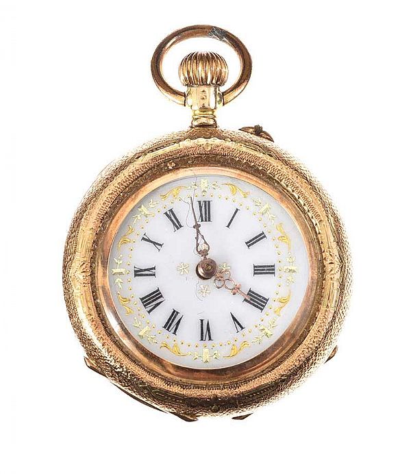18CT GOLD LADY'S FOB WATCH WITH ENAMEL