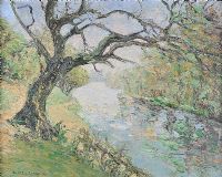 RIVER & OVERHANGING TREE by Dante Lynas at Ross's Online Art Auctions
