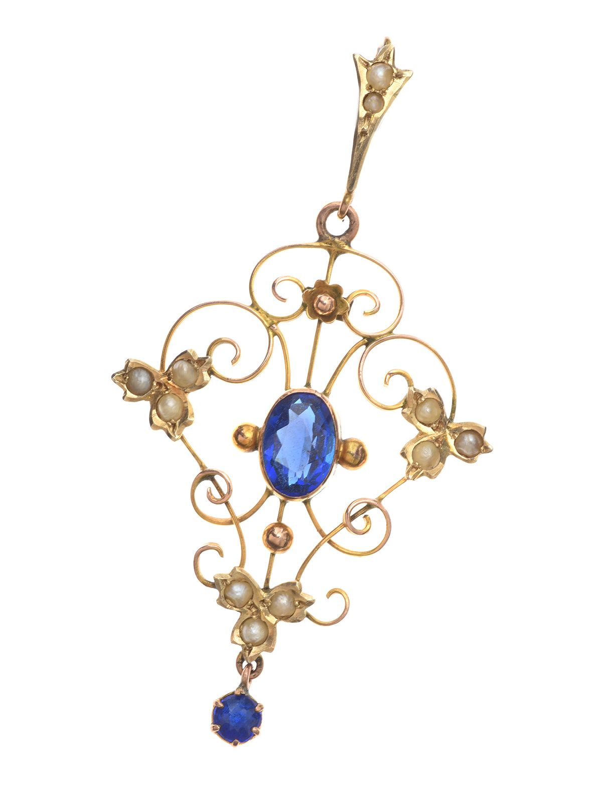 9CT GOLD BLUE STONE AND SEED PEARL PENDANT