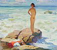 FEMALE NUDE BATHER ON THE ROCKS by A. Lynop at Ross's Online Art Auctions